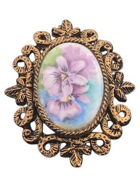 Vintage Gold-Tone Hand-Painted Floral Brooch & Pendant Combo Oval Frame